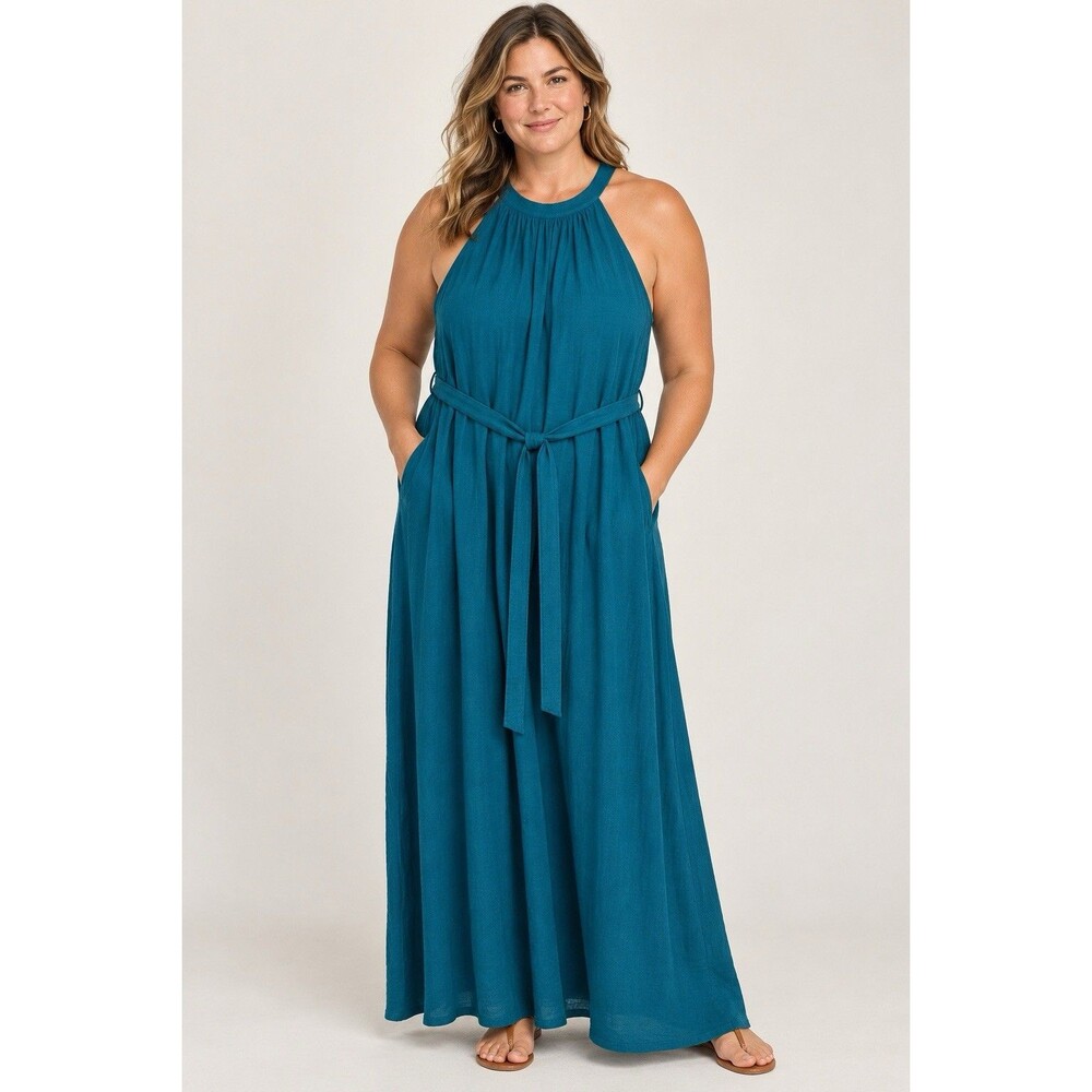 Old Navy Blue Halter Neck Sleeveless Maxi Dress Tie Belt Women XL Classic Coast